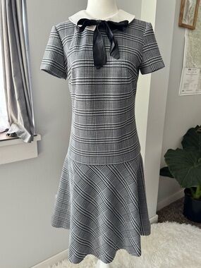 Vtg 60s Mod Malibu Knits houndstooth drop waist collared shift dress size small